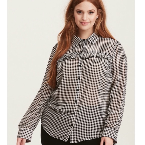 Torrid Blouse Black and White sheer gingham Ruffled Shirt - Picture 4 of 9